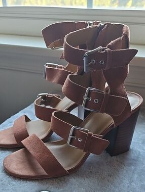 Crown Vintage Tan Suede Leather Gladiator Multi-Strap Block Heel Sandals